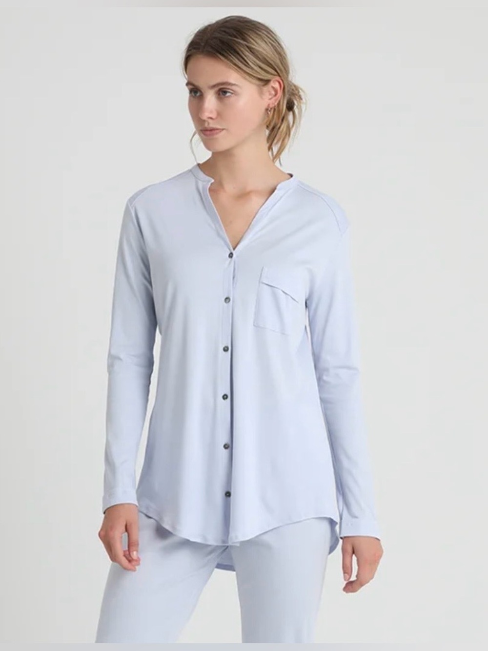 Hanro Of Switzerland Casual Light Blue Long-Sleeve Button Up Pajama Shirt Size M